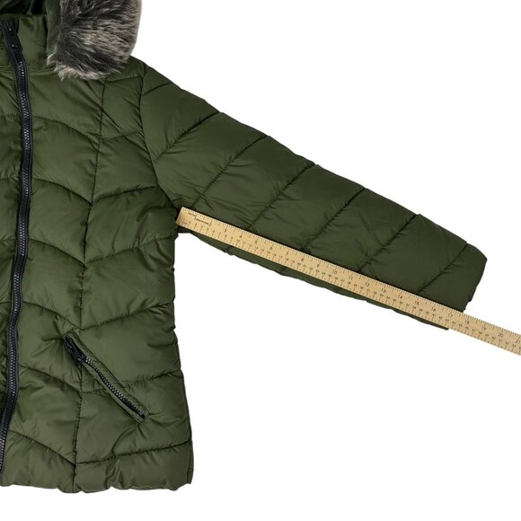 Green Winter Coat Puffer Jacket Faux Fur Removable Hood Sz 1X (Fits Like Large) - Picture 9 of 15
